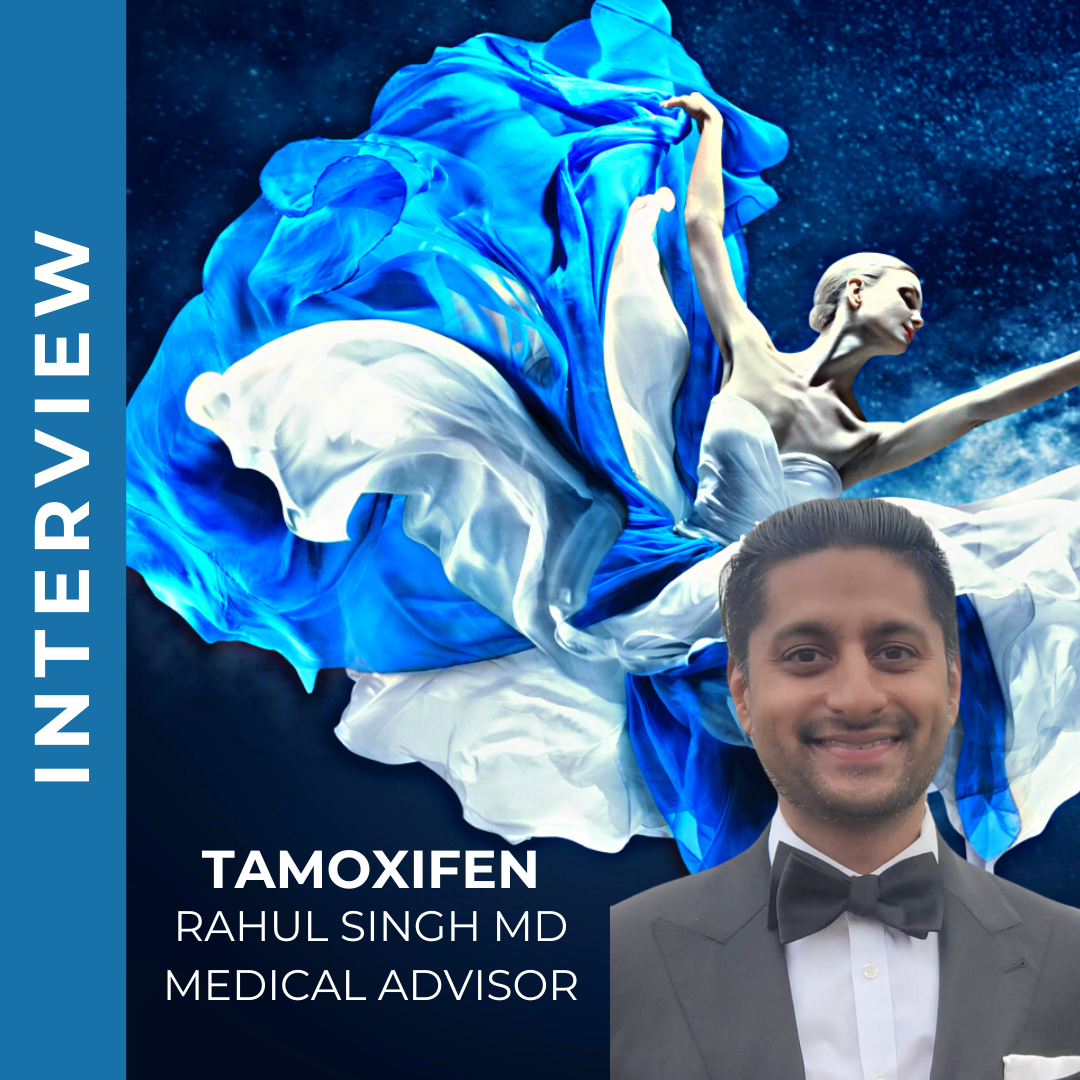 Man in a tuxedo, "TAMOXIFEN RAHUL SINGH MD" interview, blue artistic backdrop