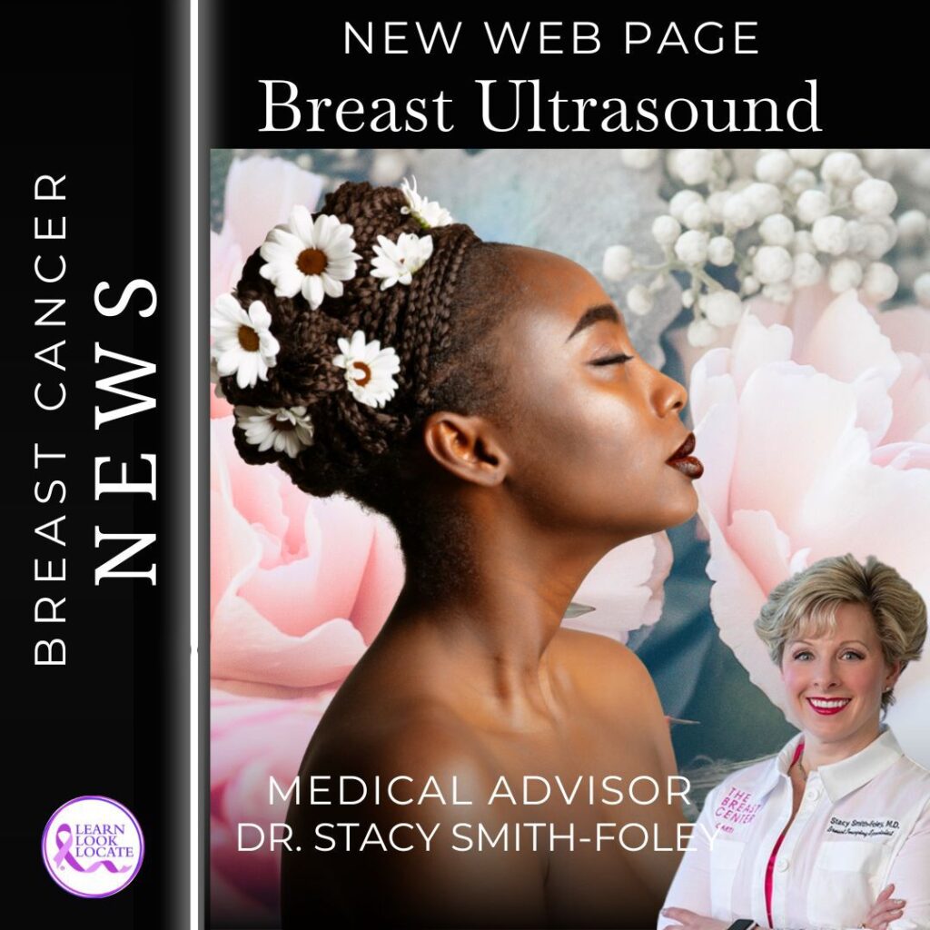 Woman with floral hairpiece, "NEW WEB PAGE Breast Ultrasound" announcement, Dr. Stacy Smith-Foley.