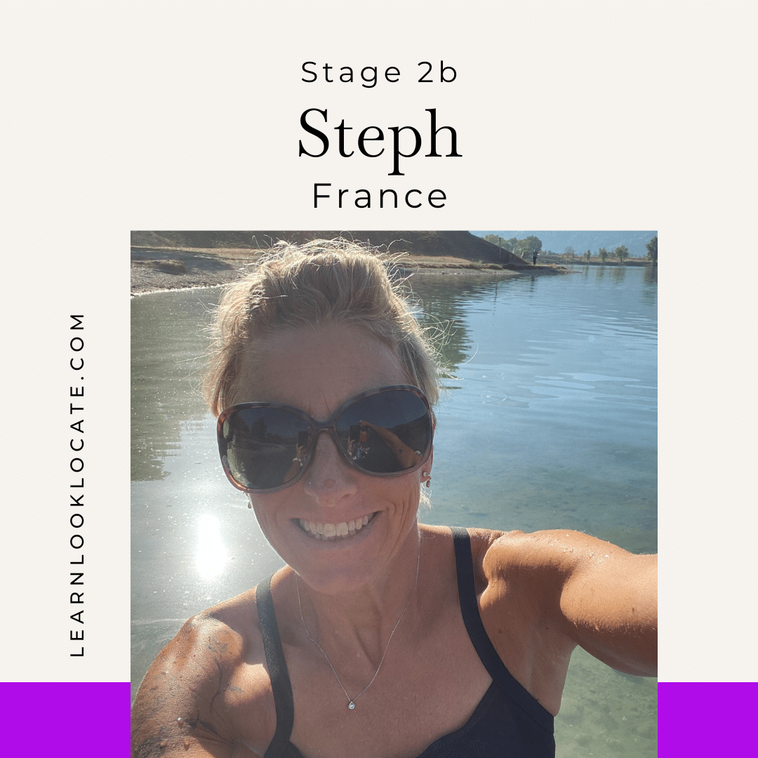 A woman with sunglasses, by water, "Stage 2b Steph France", learnlooklocate.com.