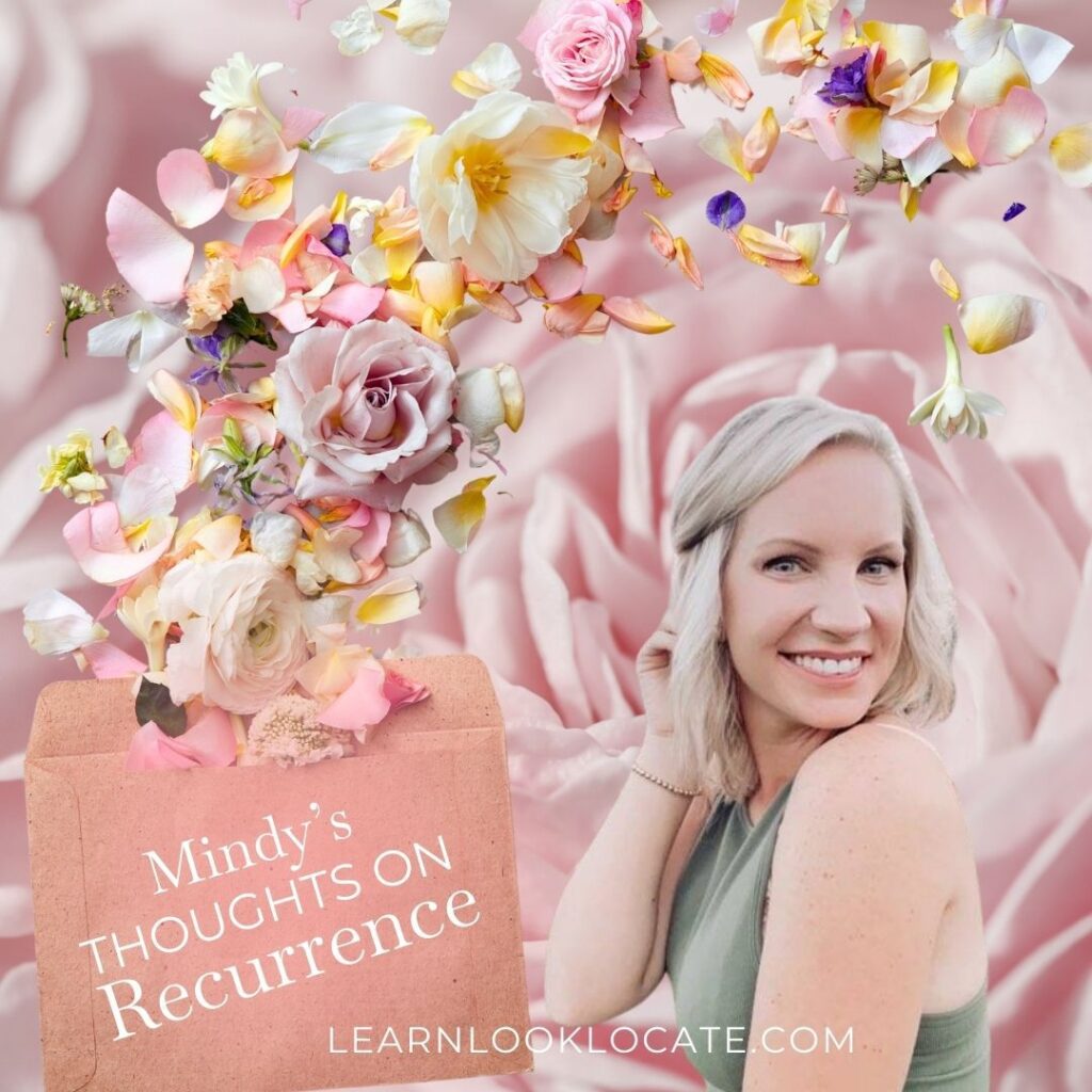 The image shows a smiling young woman with blonde hair surrounded by a bouquet of colorful flowers, predominantly in shades of pink, yellow and white. In front of her is a sign that reads "Mindy's THOUGHTS ON Recurrence LEARNLOOKLOCATE.COM".