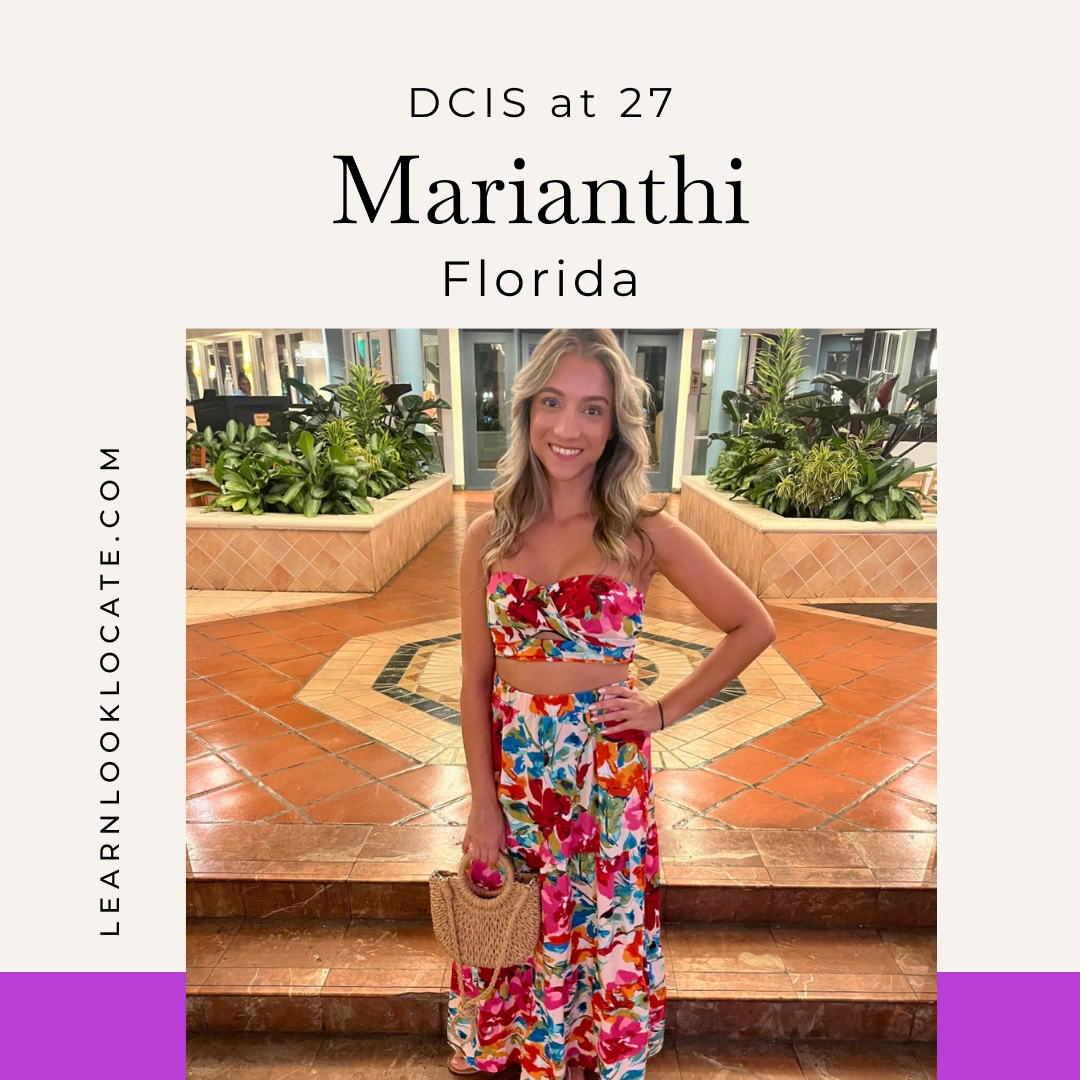 A young woman with long blonde hair and a bright floral outfit stands smiling on tiled steps in front of plants. The text above the image reads "DCIS at 27 Marianthi Florida".